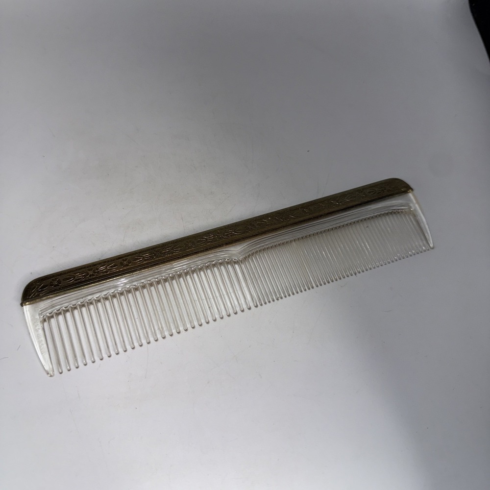 Antique Vintage Hair Comb USA Gold tone Embossed Floral Hollywood Regency MCM